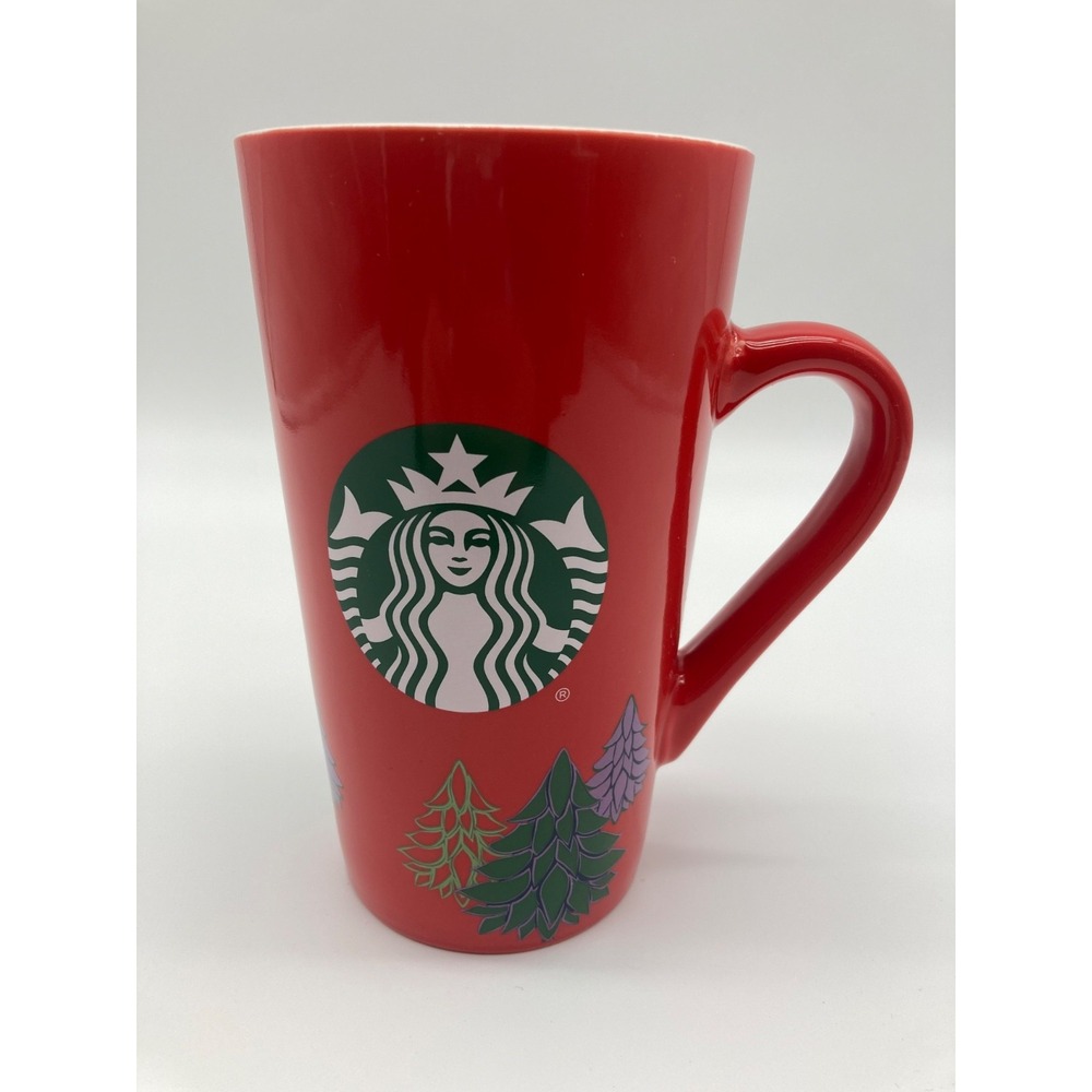 Starbucks 2020 Christmas Holiday Red Ceramic Coffee Mug Evergreen Trees 16 Oz